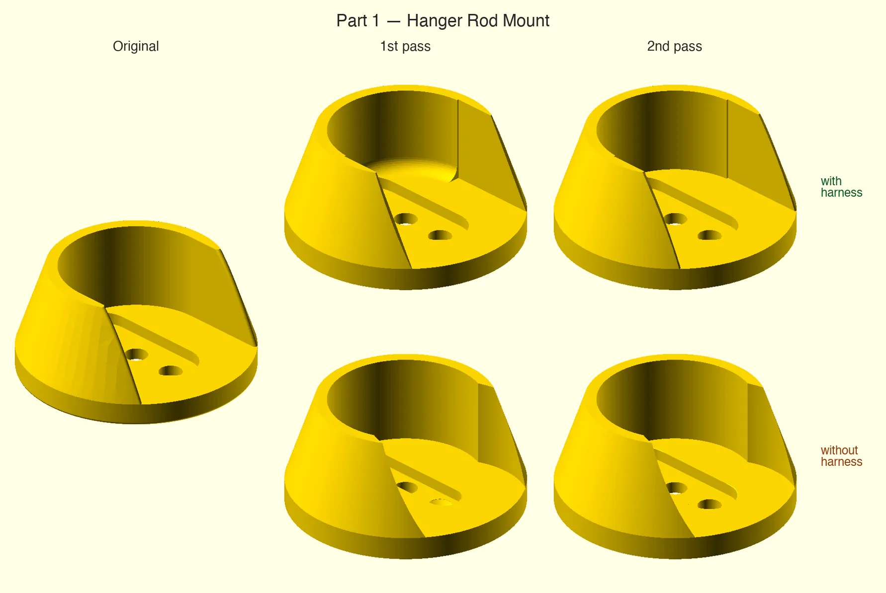 Hanger rod mount: 1ª y 2ª pasada, con y sin harness