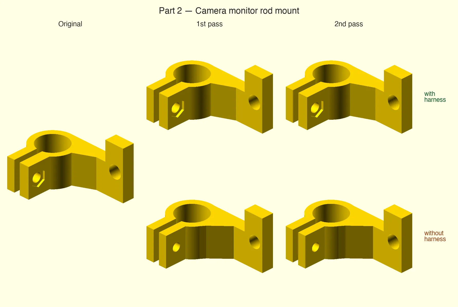 Camera monitor rod mount: 1ª y 2ª pasada, con y sin harness