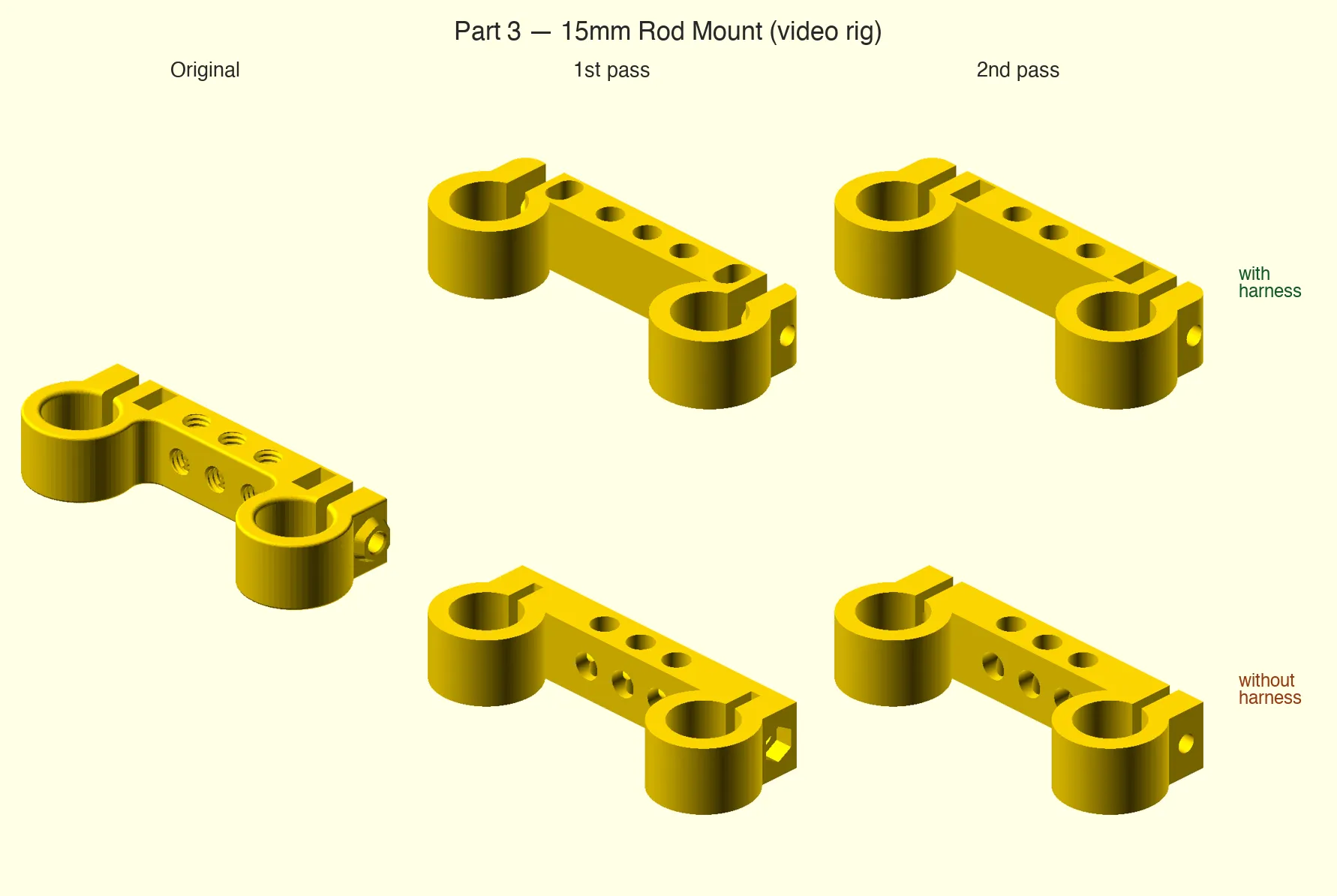 15mm rod mount: 1ª y 2ª pasada, con y sin harness