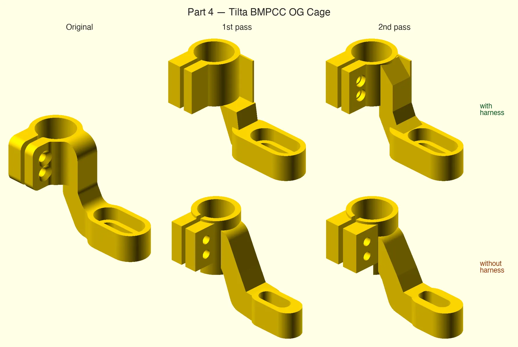 Tilta BMPCC OG rod mount: 1ª y 2ª pasada, con y sin harness