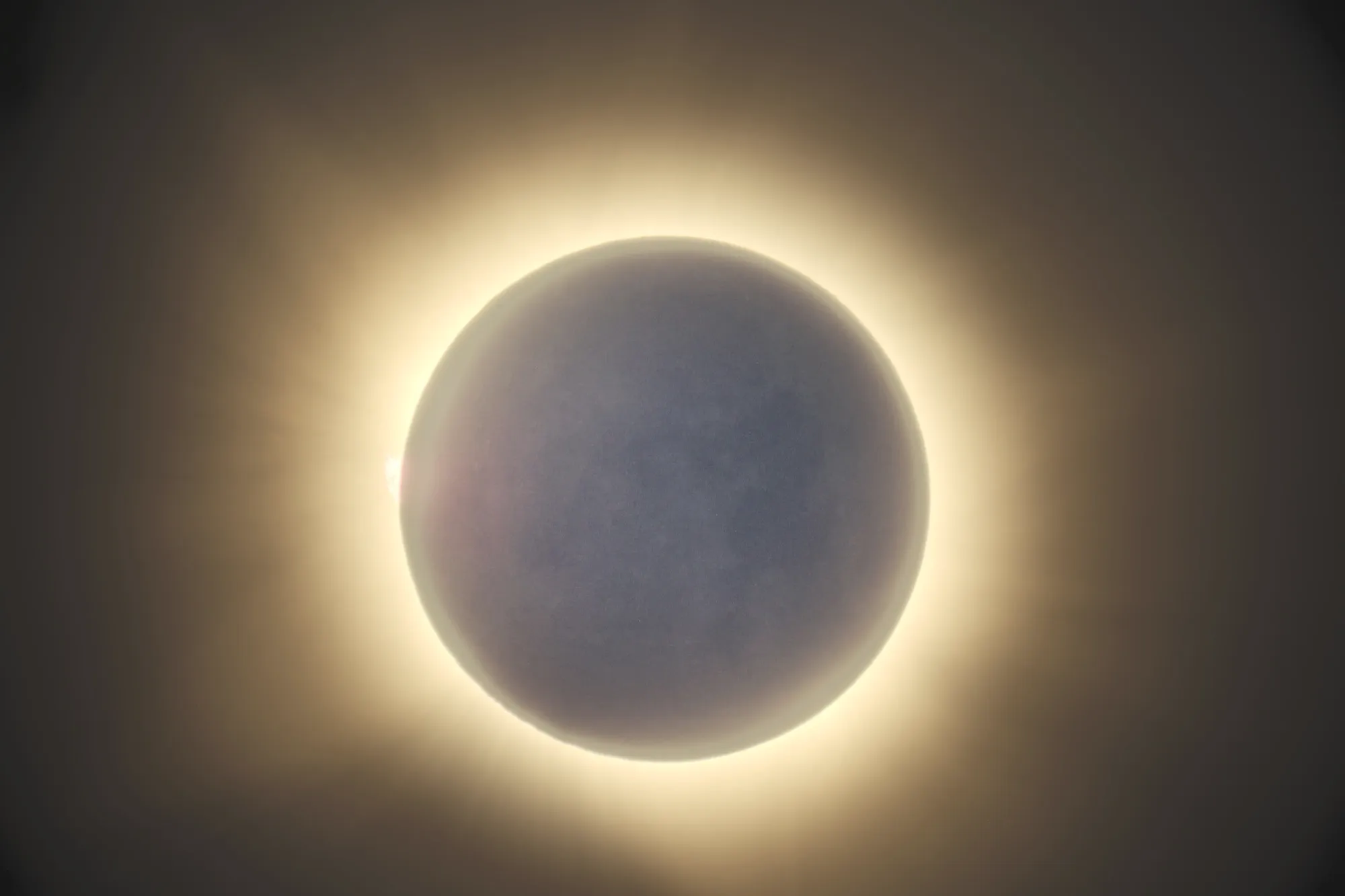 El disco lunar durante la totalidad con el Earthshine forzado en procesado, con los mares apenas distinguibles y la corona convertida en un halo difuso