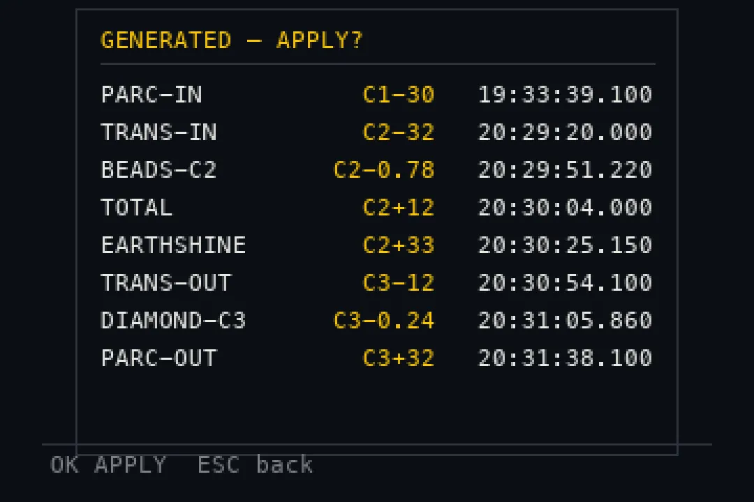 La pantalla GENERATED — APPLY? con las ocho configuraciones, su offset y su hora