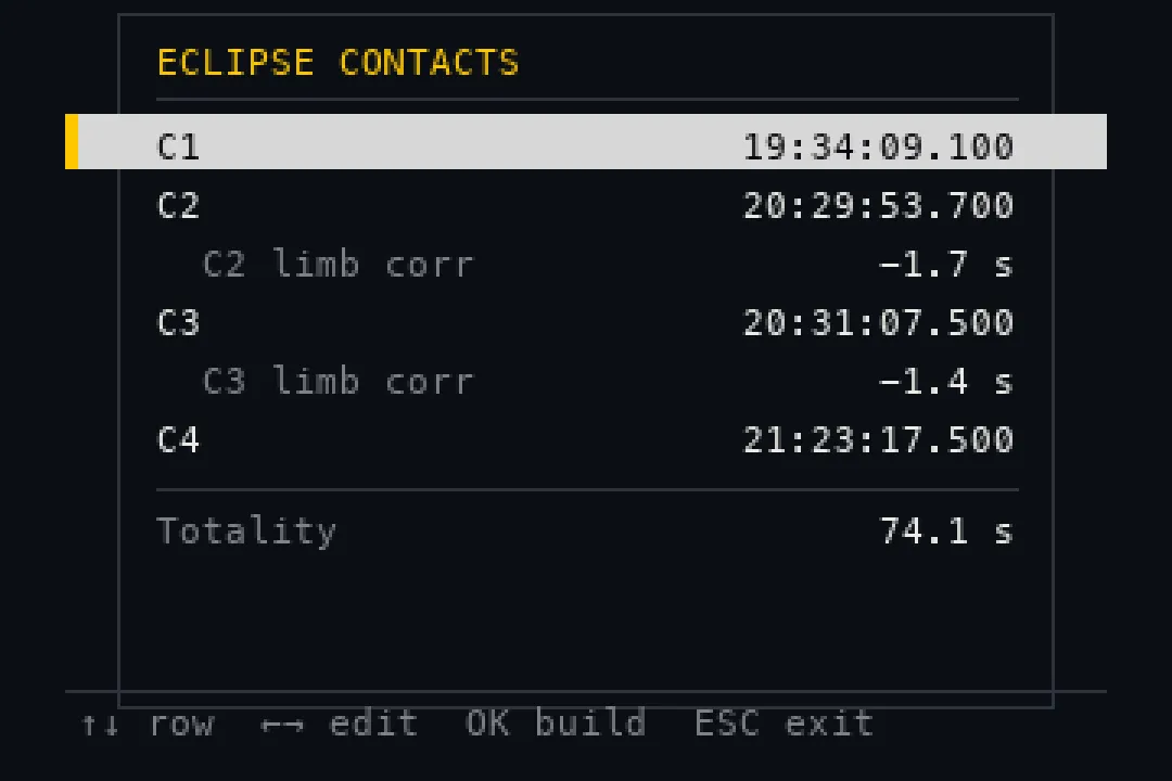 La pantalla ECLIPSE CONTACTS del intervalómetro, con C1 a C4 y las correcciones de limbo de C2 y C3