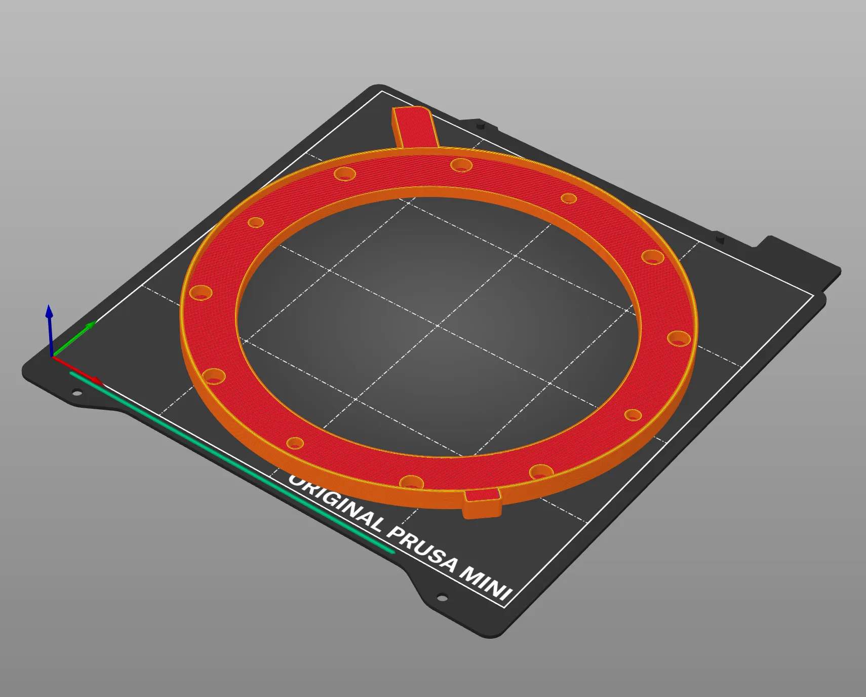 La pieza girada 45° sobre la bandeja de la Prusa Mini, en el laminador